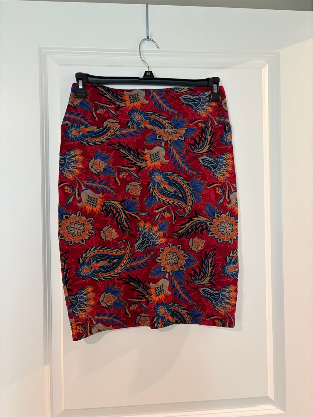 LuLaRoe Red Paisley & Floral Pencil Skirt with Blue and Orange Accents